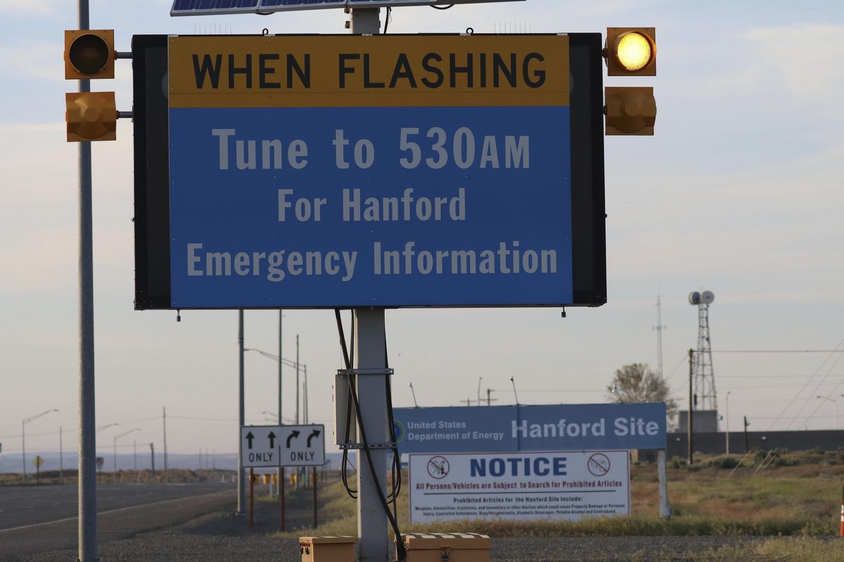 An emergency sign flashes by the Hanford Nuclear Reservation Tuesday, May 9, 2017, in Richland. A portion of an underground tunnel containing rail cars filled with radioactive waste collapsed at a sprawling storage facility at Hanford, forcing an evacuation of some workers at the site that made plutonium for nuclear weapons for decades after World War II. (Manuel Valdes / Associated Press)