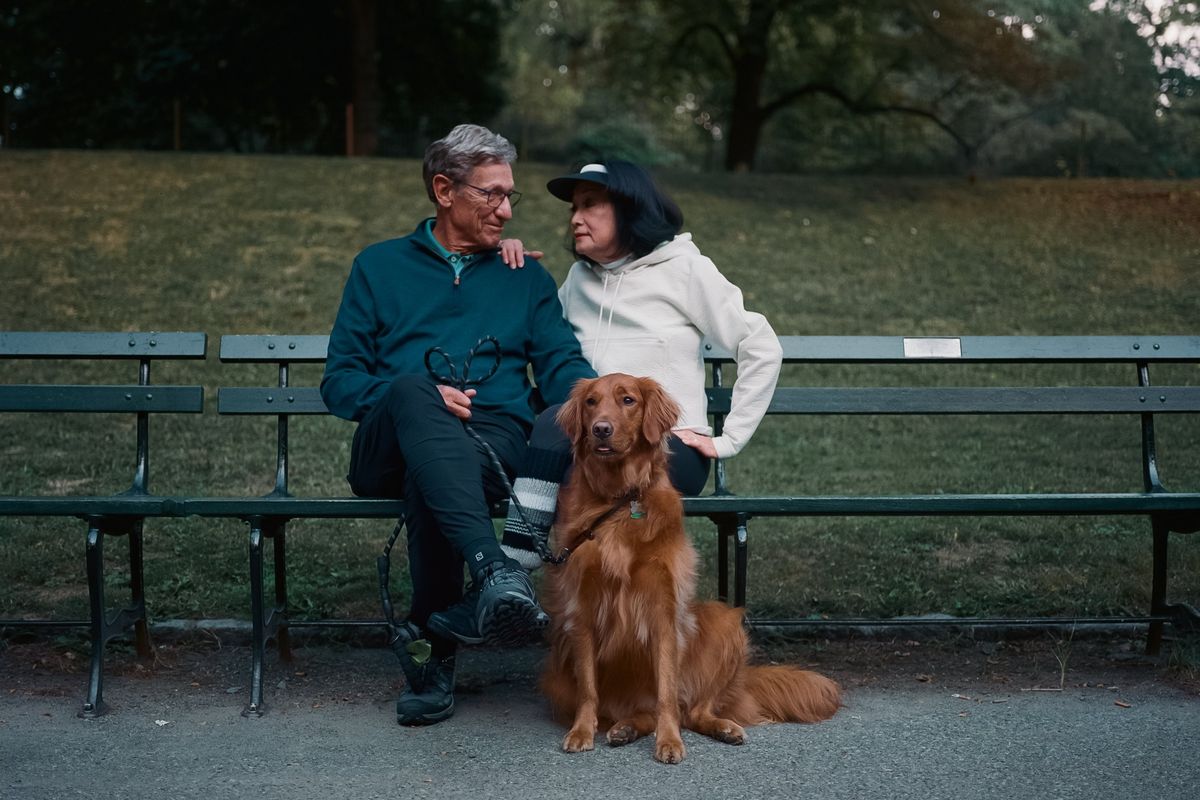 Connie Chung and Maury Povich at Central Park pose with their golden retriever, Taxi, in New York City for a story on Connie Chung’s upcoming memoir, “Connie.”  (Taurat Hossain/For the Washington Post)