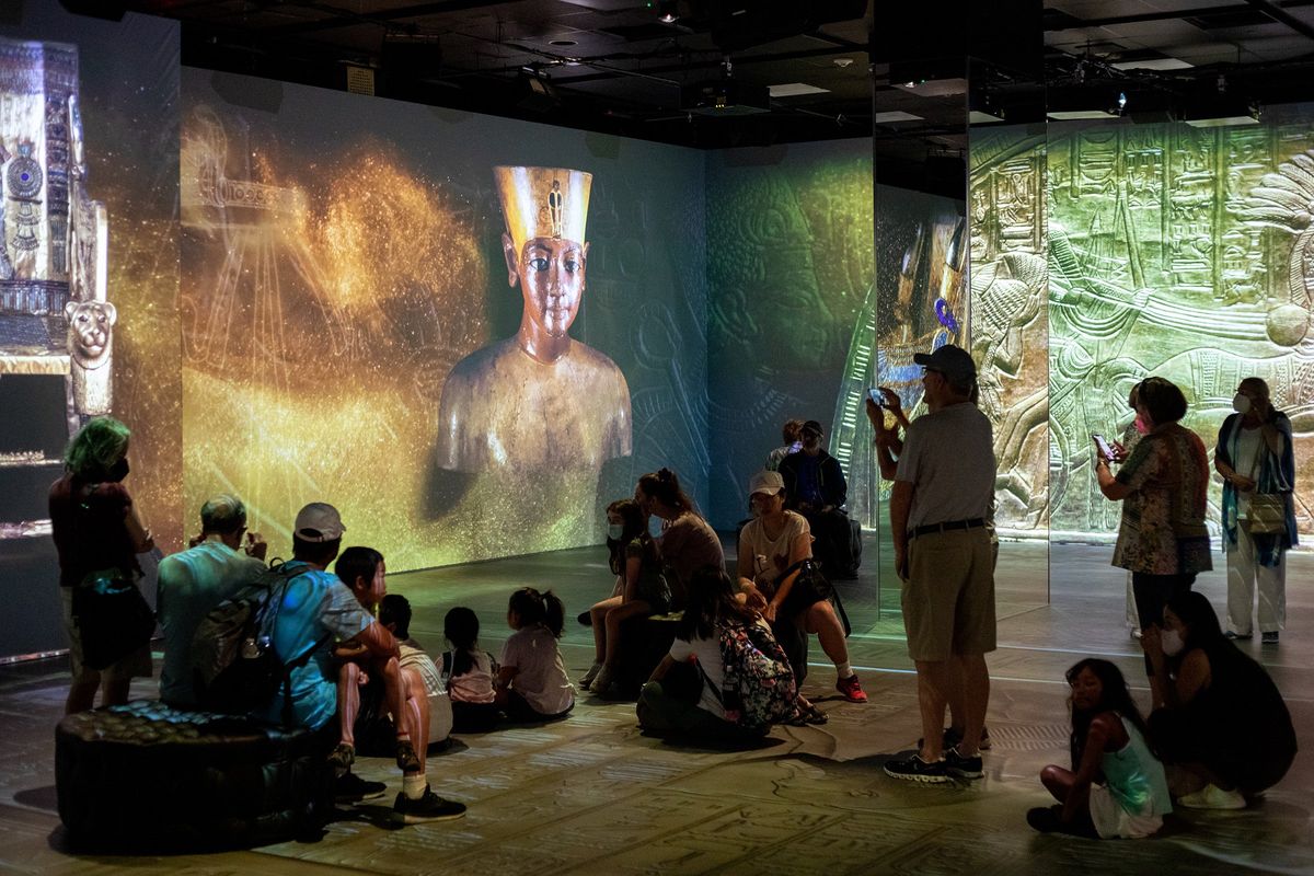 “Beyond King Tut: The Immersive Experience” uses video and projections to tell the story of the Egyptian pharaoh.  (Amanda Andrade-Rhoades/For The Washington Post)