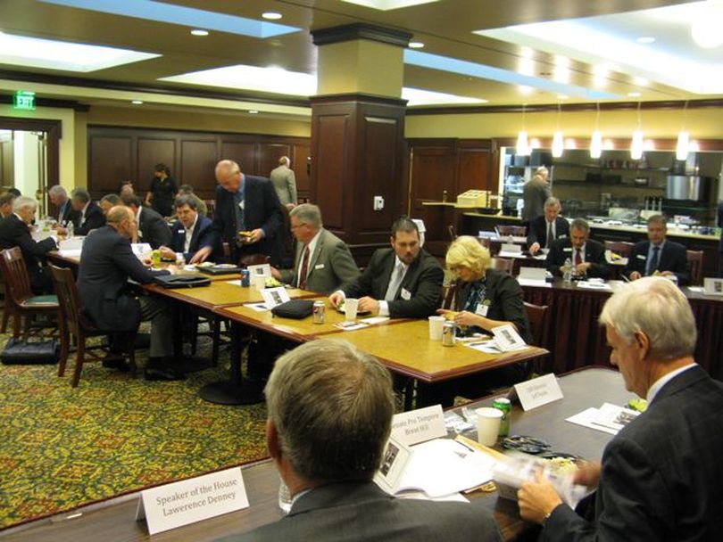 House Speaker Lawerence Denney and Senate President Pro-Tem Brent Hill welcome Idaho's newest lawmakers at a Capitol lunch on Monday, kicking off three days of orientation sessions. (Betsy Russell)