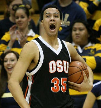 
Oregon State's Kyle Jeffers reacts after being called for a foul against California – one of the few frustrating moments in the Beavers' 72-64 win. 
 (Associated Press / The Spokesman-Review)