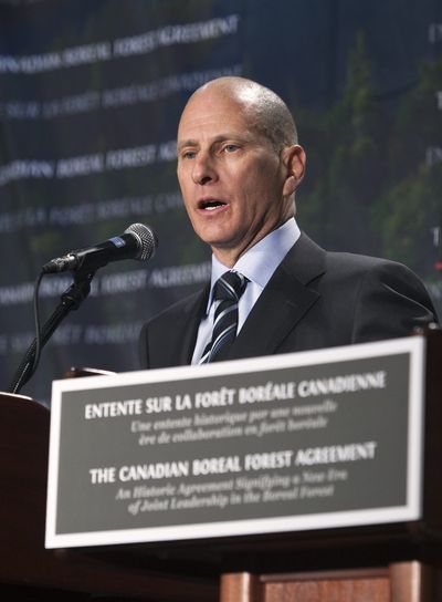 Avrim Lazar, president and CEO of the Forest Products Association of Canada, speaks during a press conference in Toronto on Tuesday.   (Associated Press)