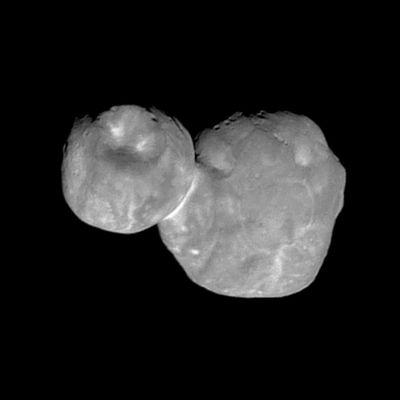 This Tuesday, Jan. 1, 2019 image made available by NASA on Thursday, Jan. 24 shows the Kuiper belt object Ultima Thule, about 1 billion miles beyond Pluto, encountered by the New Horizons spacecraft. It will take almost two years for New Horizons to transmit all the data from the flyby, 4 billion miles  away. (Southwest Research Institute / Johns Hopkins University Applied Physics Laboratory)