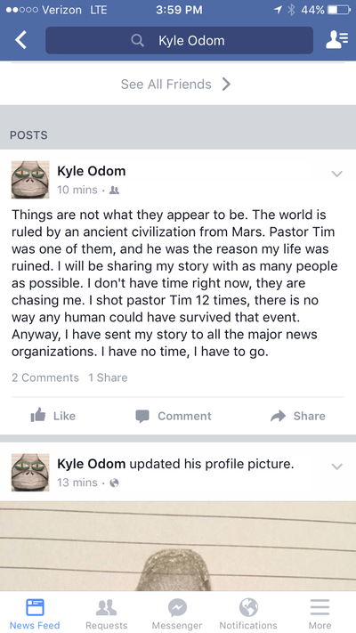 The Facebook account associated with Kyle Odom claims Pastor Tim Remington is a ‘Martian’ (Staff / Facebook)