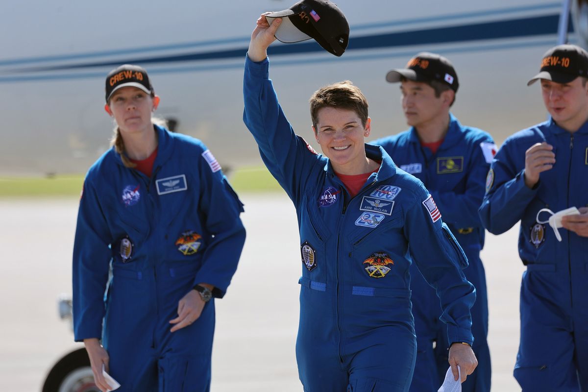 Crew-10 members NASA astronaut and pilot Nichole Ayers, left, NASA astronaut and Crew-10 spacecraft commander Anne McClain, JAXA astronaut and Crew-10 mission specialist Takuya Onishi and Roscosmos cosmonaut and Crew-10 mission specialist Kirill Peskov arrive in March in Cape Canaveral, Fla., ahead of the March 17 launch to the International Space Station. (Orlando Sentinel)