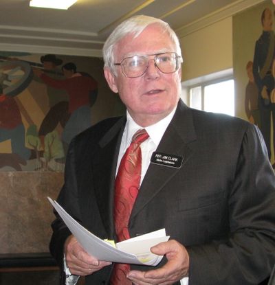 Rep. Jim Clark, R-Hayden Lake, explains legislation he introduced regarding float-homes that makes sure they're all taxed as real property, rather than personal property, 2/4/09 (Betsy Russell / The Spokesman-Review)