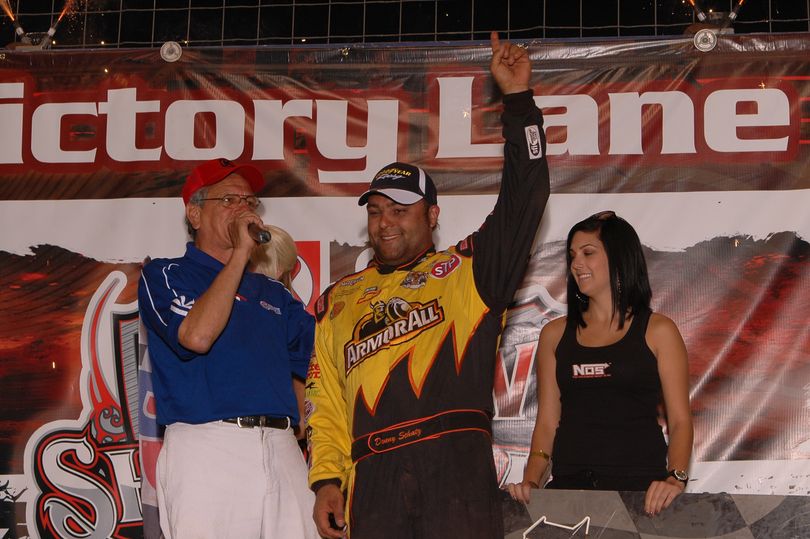 Donny Schatz celebrates his World of Outlaws Sprint Car Series victory in Charlotte. (Photo courtesy of WoO Sprint Car Series Media Relations)
