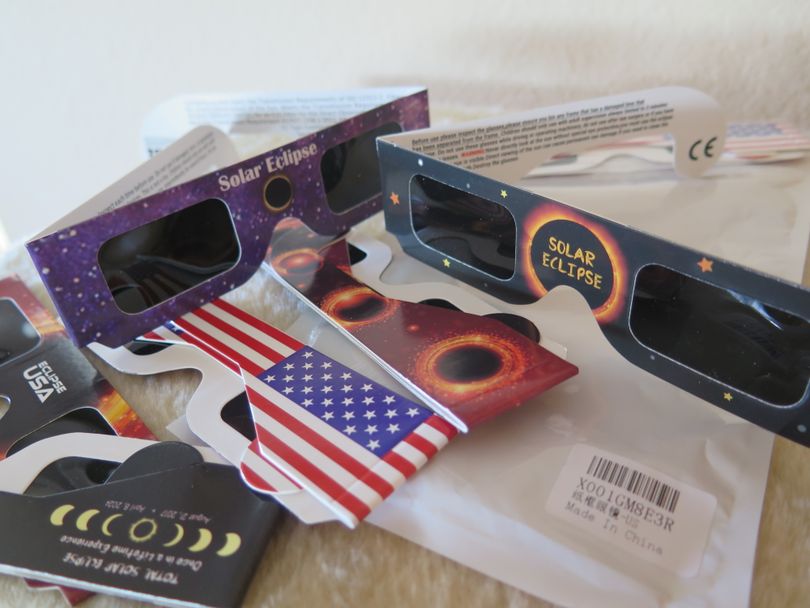 These made-in-China eclipse viewing glasses, purchased on Amazon, look real, but Amazon concluded it couldn’t vouch for them; counterfeits abound.  (Betsy Z. Russell)