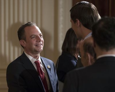 In this July 26, 2017 file photo, White House Chief of Staff Reince Priebus talks with White House senior adviser Jared Kushner in the East Room of the White House in Washington. New White House communications director Anthony Scaramucci went after Priebus Thursday, July 27, 2017, as a suspected “leaker” within the West Wing in a pull-no-punches interview that laid bare the personality clashes and internal turmoil of Donald Trump’s presidency. (Carolyn Kaster / Associated Press)