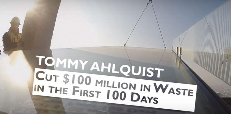This screenshot is from Idaho GOP gubernatorial hopeful Tommy Ahlquist’s latest TV campaign commercial.