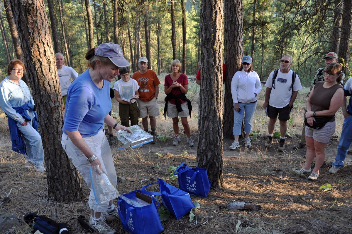 Diana Roberts, agronomist with the WSU Spokane County Extension, shows samples of weeds to about 30 people who turned out for a walk to see what can be done about weed infestations along the South Hill bluffs trails below High Drive.  (Rich Landers)