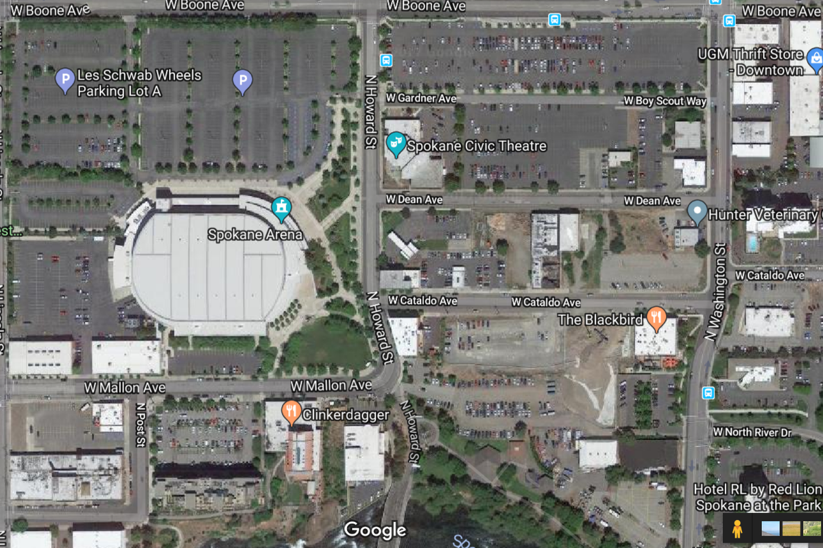 The location of the proposed new football stadium is shown to the east of Spokane Arena, on city-owned land stretching from the north bank of Riverfront Park to Boone Avenue. (Via Googlemaps.com)
