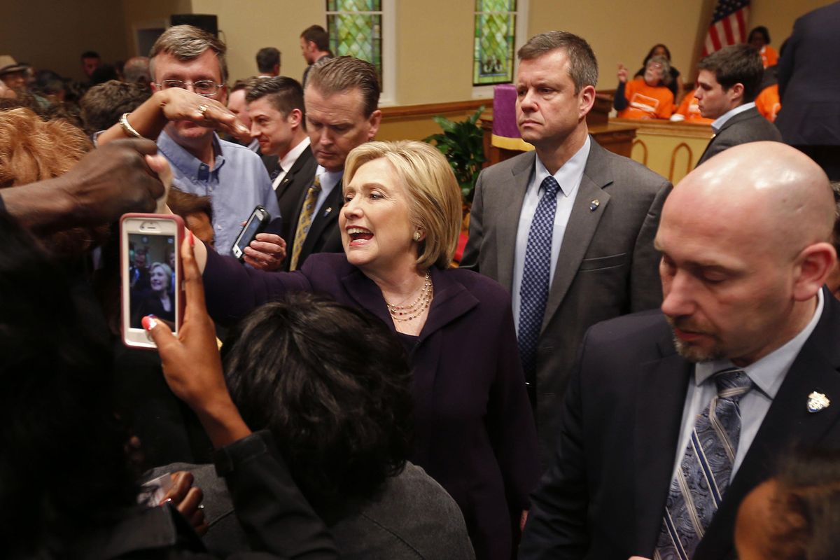Democratic presidential candidate Hillary Clinton greets supporters after a campaign event at the Cumberland United Methodist Church in Florence, S.C., Thursday, Feb. 25, 2016. (Gerald Herbert / Associated Press)