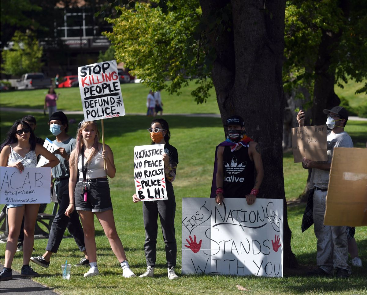 Protesters gather at McEuen Park during a defund the police protest in Coeur d