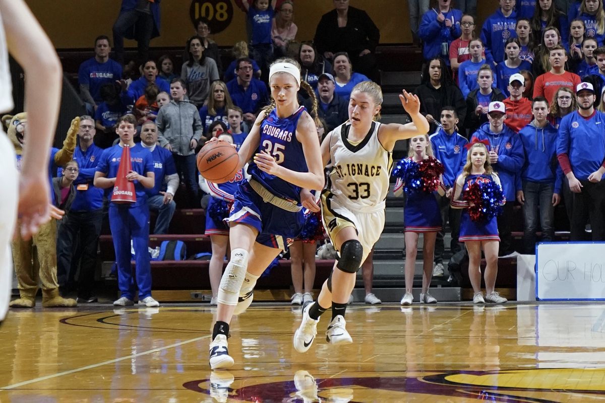 Gonzaga signee Bree Salenbien drives past a St. Ignace defender during the 2019 MHSAA Division 4 state championship game.  (Courtesy of Jeff Jameson)
