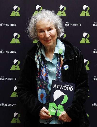 Margaret Atwood attends a news conference Tuesday at the British Library to launch her new book “The Testaments.” (Alastair Grant / AP)