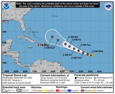Hurricane Lee is traveling west across the Atlantic and is expected to strengthen into a Category 4 storm by Saturday. (National Hurricane Center/TNS) (National Hurricane Center/National Hurricane Center/TNS)