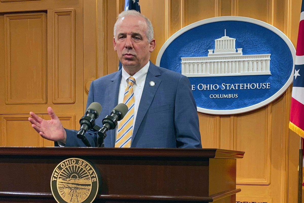 This Wednesday, June 9, 2021 photo shows Ohio Senate President Matt Huffman discussing the Senate passage of Ohio's two-year, $75 billion state budget, in Columbus, Ohio. A new voter-approved commission in Ohio that was supposed to reduce partisanship in the once-a-decade process of political map-drawing has already become a flop. Similar commissions meeting for the first time in New York and Virginia have devolved into partisan finger-pointing, undermining their intent.  (Andrew Welsh-Huggins)