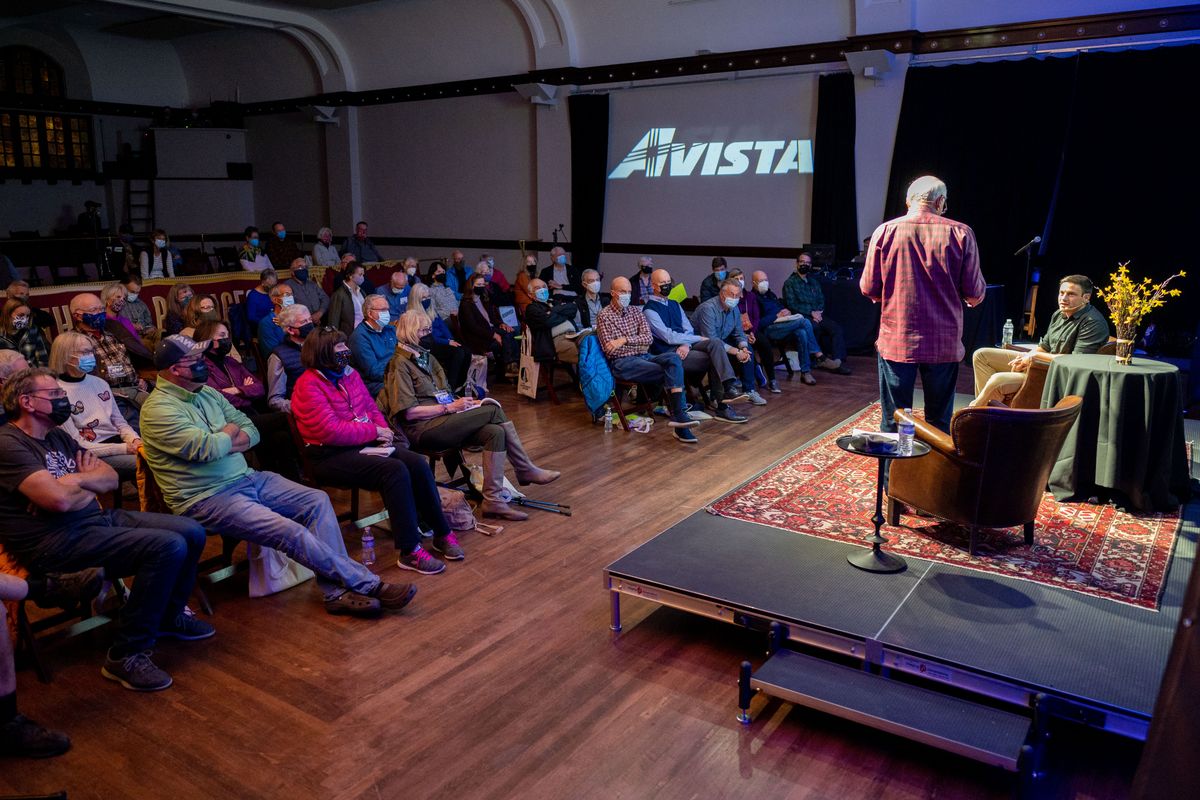 During a Northwest Passages Book Club event, "Into Thin Hair" author Chris Kopczynski has a conversation with The Spokesman-Review Outdoors editor Eli Francovich on Tuesday, Oct. 12, 2021, at the Montvale Event Center.  (Colin Mulvany/The Spokesman-Review)