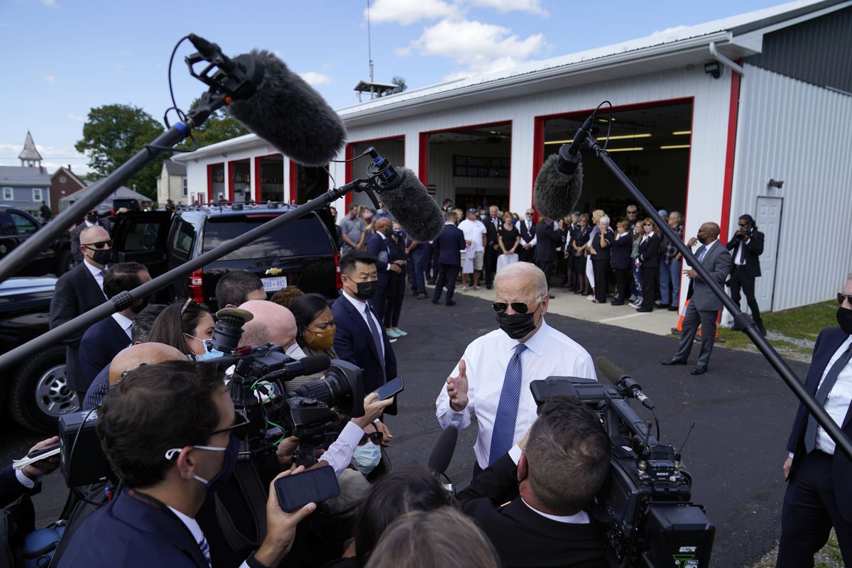 President Joe Biden speaks to members of the media as he visits the Shanksville Volunteer Fire Department in Shanksville, Pa., Saturday, Sept. 11, 2021. Biden stopped by after visiting the nearby Flight 93 National Memorial to commemorate the 20th anniversary of the Sept. 11, 2001, terrorist attacks.  (Evan Vucci)