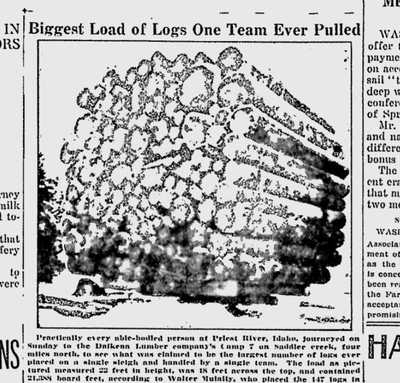 One hundred years ago today, a single sleigh was loaded with 147 logs, 22 feet high, for a 4-mile journey in North Idaho. The newspaper called it the largest load of logs one team had ever pulled.  (S-R archives)