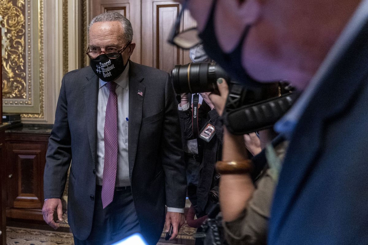 Senate Majority Leader Sen. Chuck Schumer of N.Y., leaves a Senate Democratic meeting at the Capitol in Washington, Wednesday, Oct. 6, 2021, as a showdown looms with Republicans over raising the debt limit.  (Andrew Harnik)