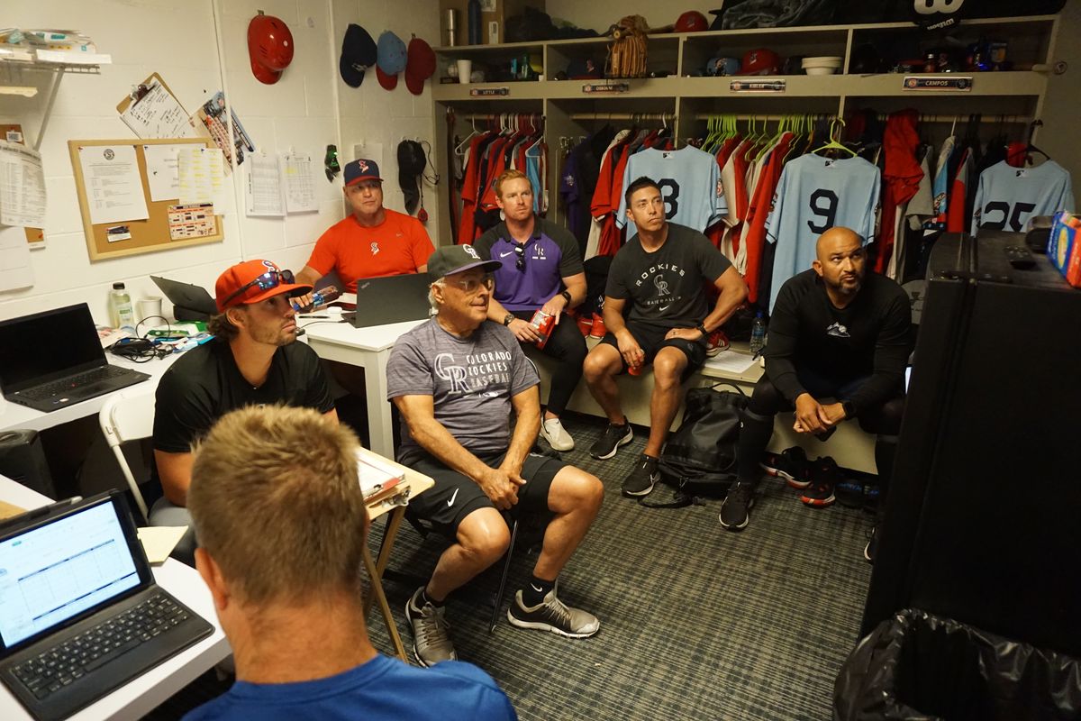 Spokane Indians manager Scott Little (red shirt) with coaches and other staff review film in the manager and coaches’ office at Avista Stadium during the Indians homestand in mid-August, 2022.  (Spokane Indians/courtesy)
