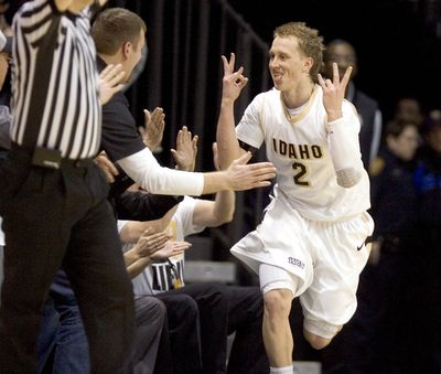 Idaho Vandals guard Jeff Ledbetter gestures to the crowd after hitting a 3-pointer. (Associated Press)
