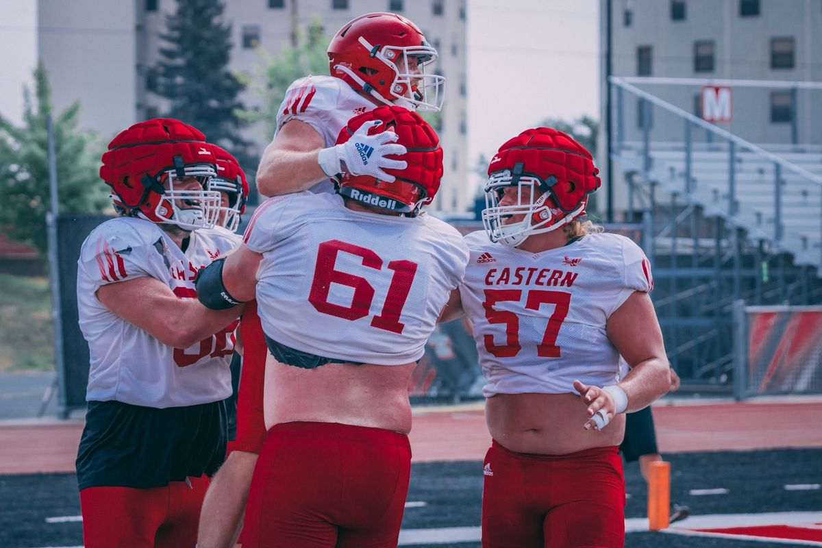 Silas Perreiah, being lifted, is finally healthy and the Eagles hope the speedy Northwest Christian graduate is ready to contribute.  (Courtesy of Braeden Harlow/EWU Athletics)