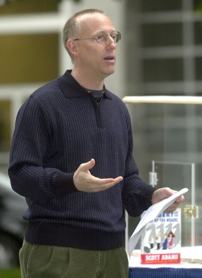 Scott Adams promotes his book “Dilbert and the Way Of the Weasel” in San Francisco, California on Oct. 22, 2002. (Dan Rosenstrauch/Contra Costa Times/TNS)  (DAN ROSENSTRAUCH)