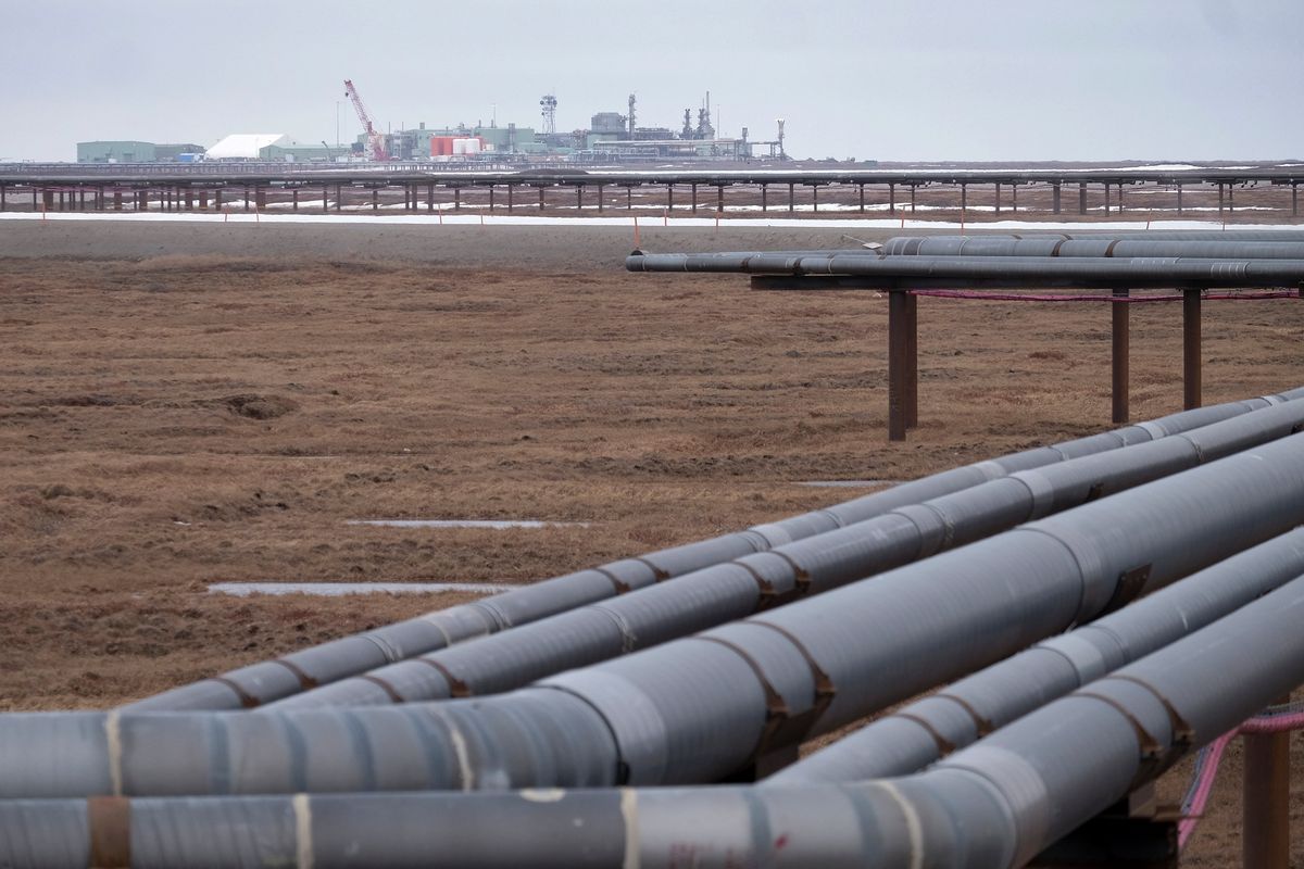 Oil pipelines stretch across the landscape outside Nuiqsut, Alaska, where ConocoPhillips operates the Alpine Field on May 28, 2019. (MUST CREDIT: Washington Post photo by Bonnie Jo Mount).  (Bonnie Jo Mount/The Washington Post)