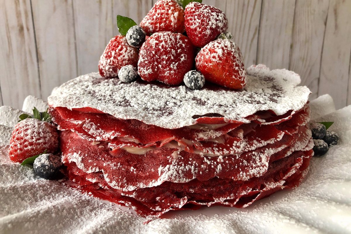 Red velvet crepe cake is a sweet treat for Valentine’s Day. (Audrey Alfaro / For The Spokesman-Review)