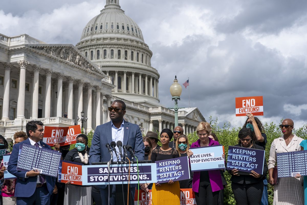 Rep. Mondaire Jones, D-N.Y., joins progressive lawmakers to advocate for reimposing a nationwide eviction moratorium that lapsed last month, at the Capitol in Washington, Tuesday, Sept. 21, 2021.  (J. Scott Applewhite)