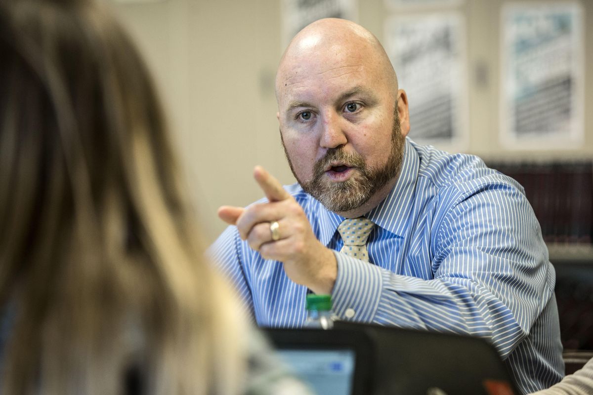 FILE – University High School teacher Paul Schneider conducts his A.P. History class, Nov. 3, 2016, in Spokane Valley, Wash. (Dan Pelle / The Spokesman-Review)