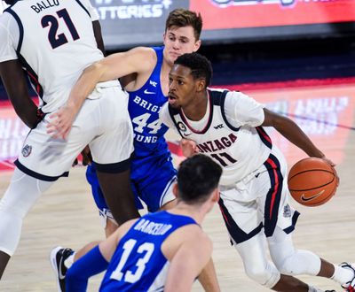 Gonzaga guard Joel Ayayi is averaging 12.5 points per game and leads the West Coast Conference in field-goal shooting at 61.7%.  (By Colin Mulvany / The Spokesman-Review)