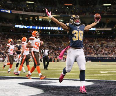 St. Louis Rams running back Todd Gurley celebrates after scoring a touchdown during the third quarter of an NFL football game against the Cleveland Browns on Sunday, Oct. 25, 2015, in St. Louis. (Chris Lee/St. Louis Post-Dispatch via AP) EDWARDSVILLE INTELLIGENCER OUT, THE ALTON TELEGRAPH OUT ORG XMIT: MOSTP201 (Chris Lee / AP)