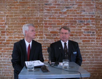 Idaho House Speaker Lawerence Denney, right, speaks at the Idaho Press Club on Tuesday; at left is Senate President Pro-Tem Brent Hill. (Betsy Russell)