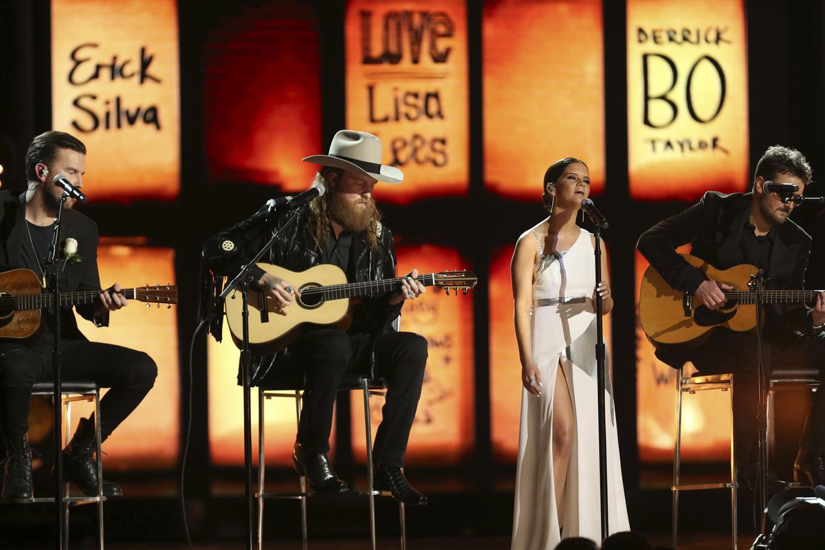 The Brothers Osborne, from left, Maren Morris and Eric Church perform at the 60th annual Grammy Awards at Madison Square Garden on Sunday, Jan. 28, 2018, in New York. (Matt Sayles / Associated Press)