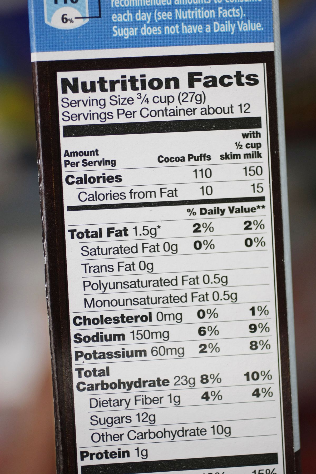 Nutritional information is seen on a box of General Mills’ Cocoa Puffs at a store in California.