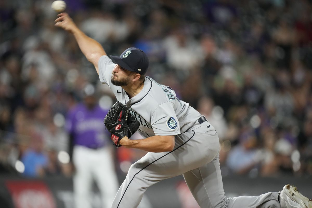 Seattle Mariners relief pitcher Kendall Graveman works against the Colorado Rockies during the ninth inning of a baseball game Tuesday, July 20, 2021, in Denver. The Mariners won 6-4.  (Associated Press)