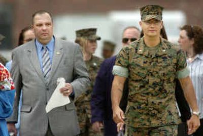 
Marine 2nd Lt. llario Pantano, right, arrives for the fifth day of his Article 32 hearing with his attorney Charles Gittins on Saturday in Camp Lejeune, N.C. 
 (Associated Press / The Spokesman-Review)