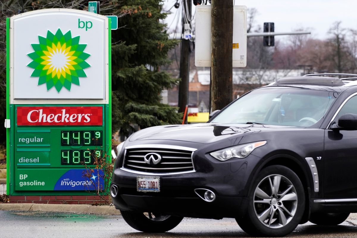 FILE - Gas prices are displayed at a BP gas station in Elgin, Ill., on March 19, 2022. Just as Americans gear up for summer road trips, the price of oil remains stubbornly high, pushing prices at the gas pump to painful heights. AAA said Tuesday, May 10, 2022, drivers are paying $4.37 for a gallon of regular gasoline.  (Nam Y. Huh)