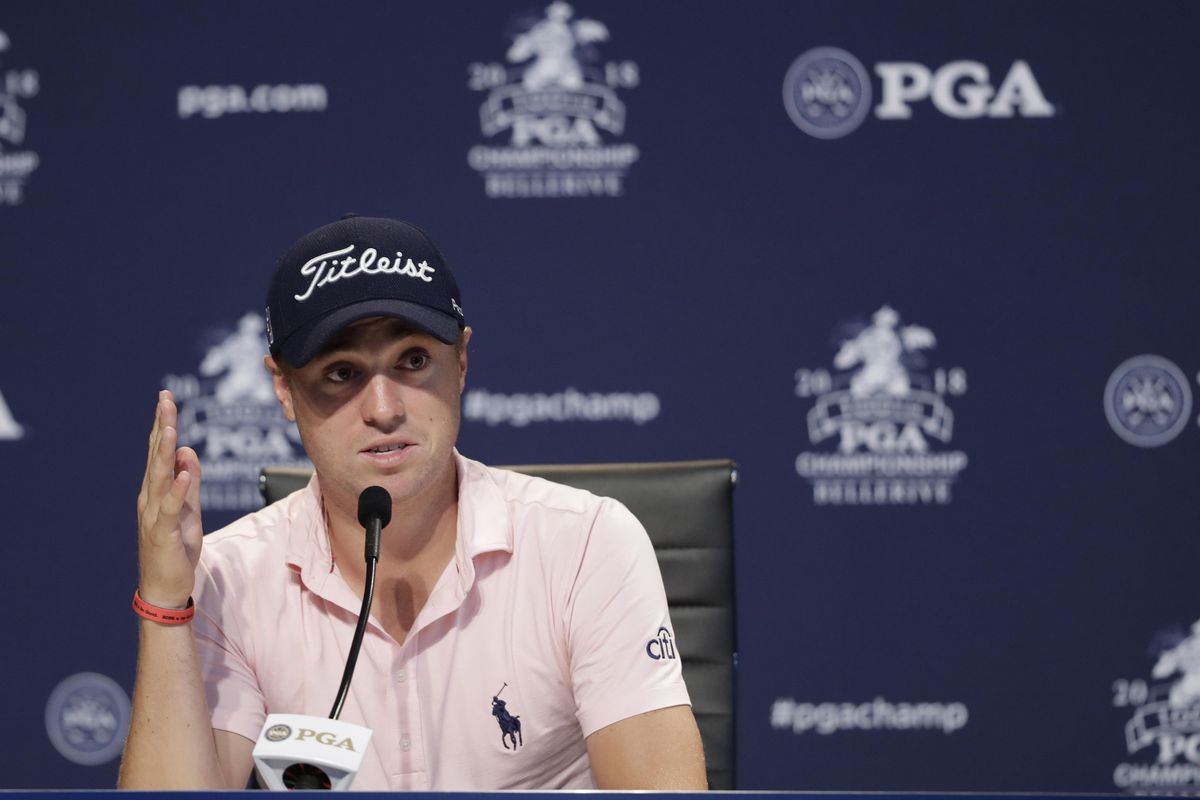 Justin Thomas responds to a question during a news conference at the PGA Championship golf tournament at Bellerive Country Club, Wednesday, Aug. 8, 2018, in St. Louis. (Darron Cummings / AP)