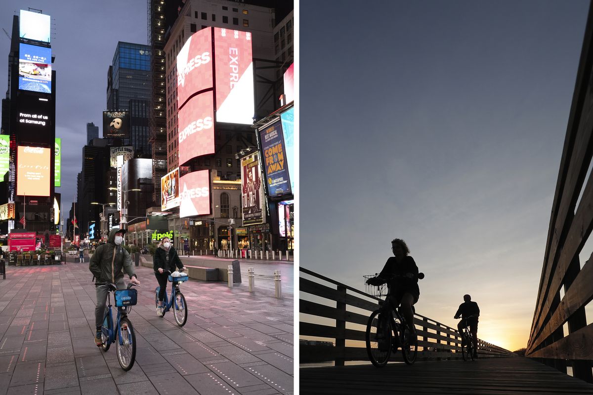 This combination of photos shows people riding bicycles in New York