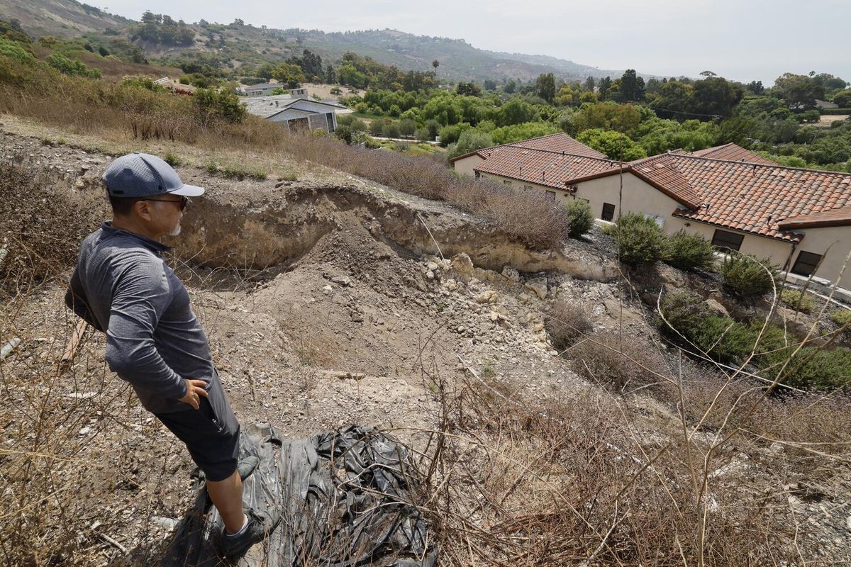Homeowner Mike Hong views a large fissure that has opened up since February next to his home and damaging a neighbors