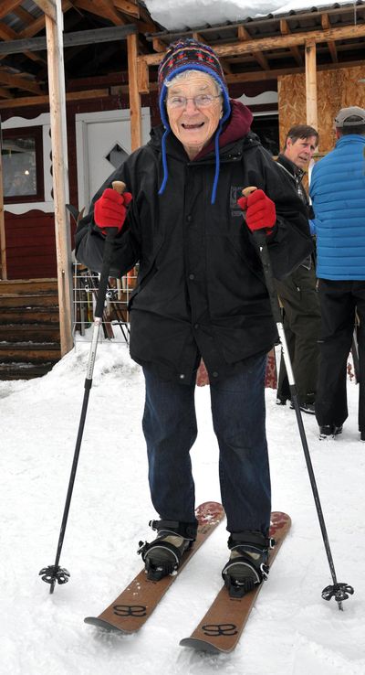 Irene Kuhlmann, 88, has been a regular at Sitzmark Ski Area near Tonasket, Washington, with her kids, grandkids and great grandkids since the 1950s. (Rich Landers / The Spokesman-Review)