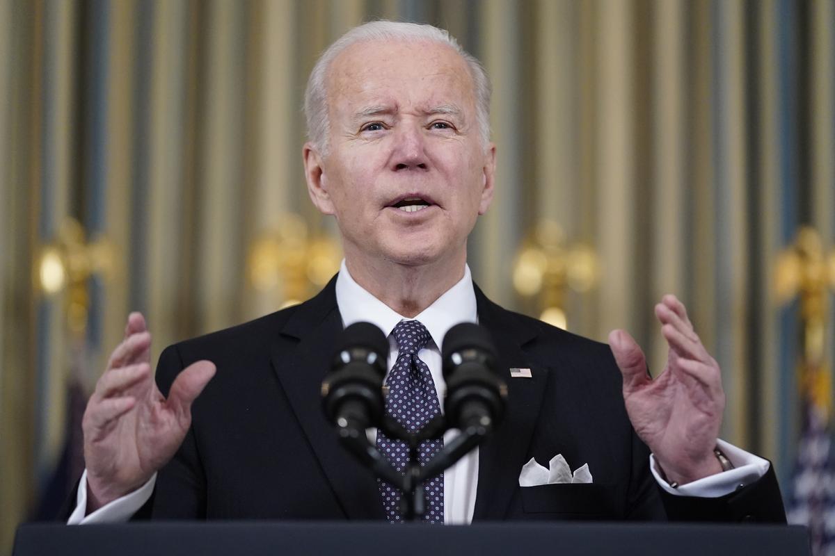 President Joe Biden speaks about his proposed budget for fiscal year 2023 in the State Dining Room of the White House, Monday, March 28, 2022, in Washington. (Patrick Semansky)