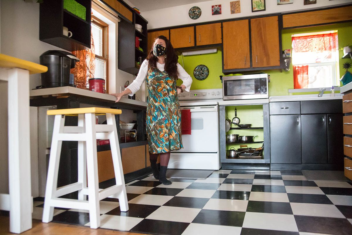 Carrie Scozzaro purchased this home in November 2019 and has maximized storage and style while minimizing costs by choosing to build, paint, repurpose and even rewire on her own. Scozzaro’s target is to someday have the space serve as an artist residency. (Libby Kamrowski/The Spokesman-Review)