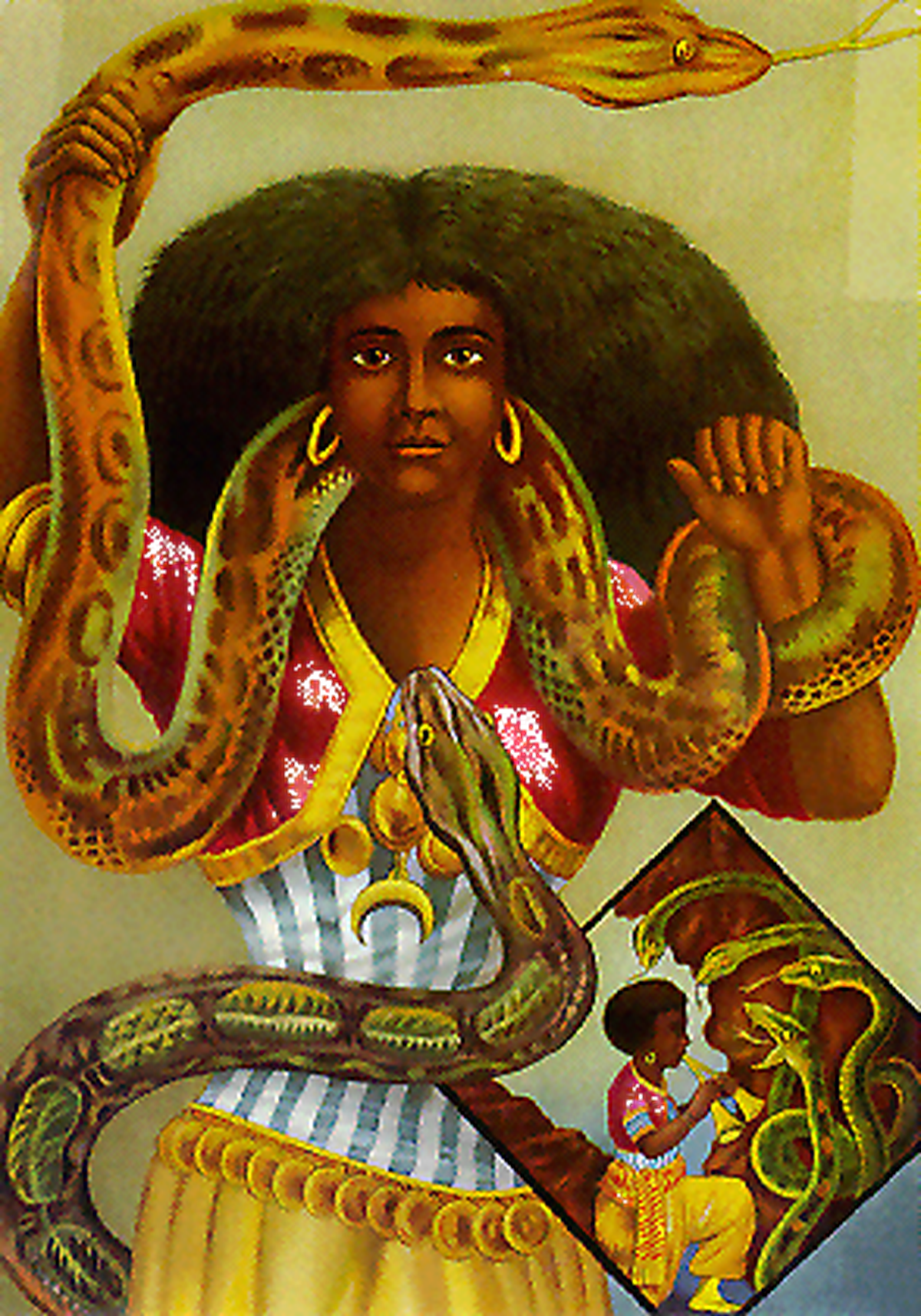 African sailors recognized the iconography of the water deity Mami Wata in this 1880s chromolithograph poster of the performer Maladamatjaute by the Adolph Friedlander Company in Hamburg and carried it worldwide, giving rise to the common image of the deity in Africa and in the African diaspora.  (Courtesy of the Adolph Friedlander Company )