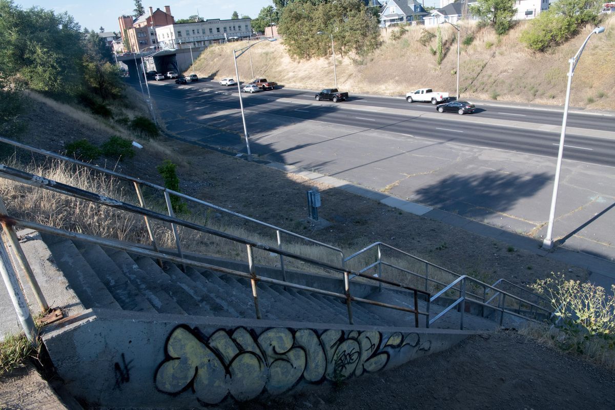 The staircase from North Ash Street to North Maple Street is seen on Wednesday, July 18, 2018, in Spokane, Wash. T (Tyler Tjomsland / The Spokesman-Review)